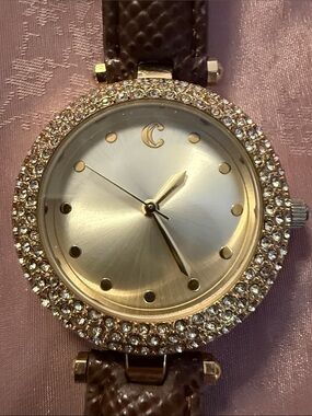 Crescent Gold-Tone Crystal Bezel Women's Watch with Brown Strap